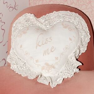 Urban outfitters Kiss Me Embroidered Ruffle Heart Throw Pillow